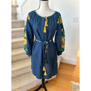Slobozhanka Ukrainian Blue Embroidered Yellow Sunflower Peasant Tie Waist Dress